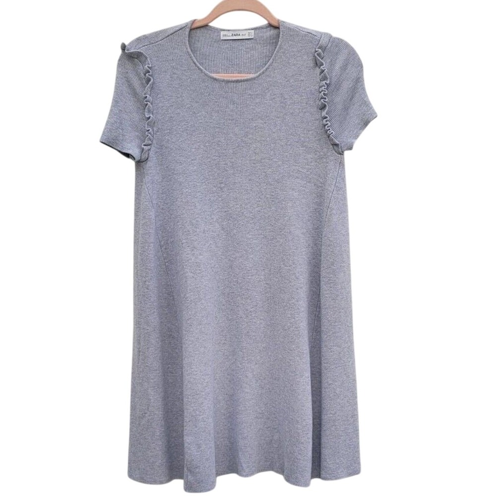 Zara Mini Dress S Heathered Gray Rib Knit Ruffle Viscose Stretch Flowy Minimal